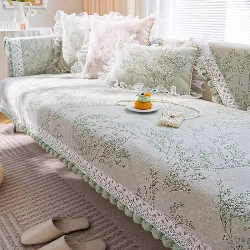 Ball Tassel Sofa Cushion Four Seasons Anti Slip Clean Seat Cushion Mat Plant Flower Light Green Color Daybed Cover Cloth Towel