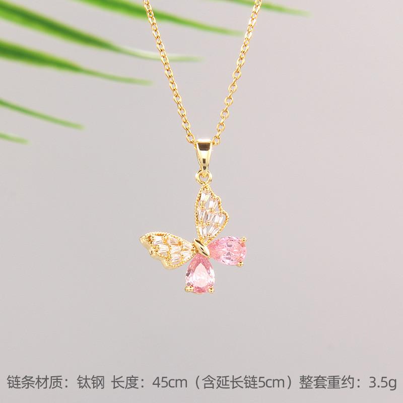 Luxury Zircon Butterfly Pendant Necklace Stainless Steel Fashion Simple Choker Jewelry Birthday Gifts For Women Girls