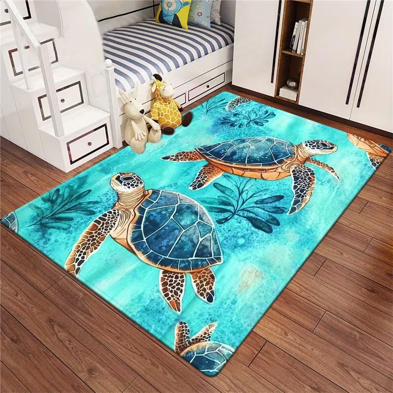 Sea Turtle Rug Kids Room Watercolor Ocean Carpet Cute Marine Life Decor Baby Play Mat Indoor Outdoor Rug Soft Comfortable