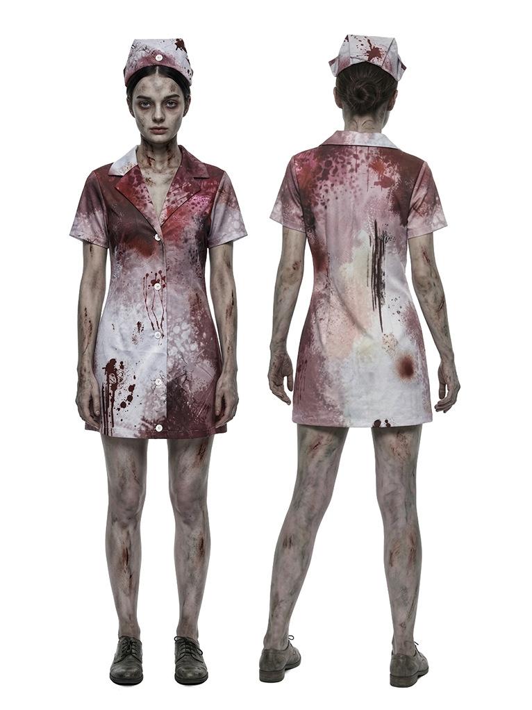 Costume da Cosplay Infermiera Spaventosa Stampa Macchie di Sangue Spettrali Cuffia da Infermiera e Grembiule Costume da Festa di Halloween a Tema Horror e Costume da Palco
