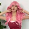 Light Pink Long Wavy Cosplay Synthetic Hair Wigs with Bangs for White Women Afro Lolita Water Wave Halloween Heat Reisitant Wig