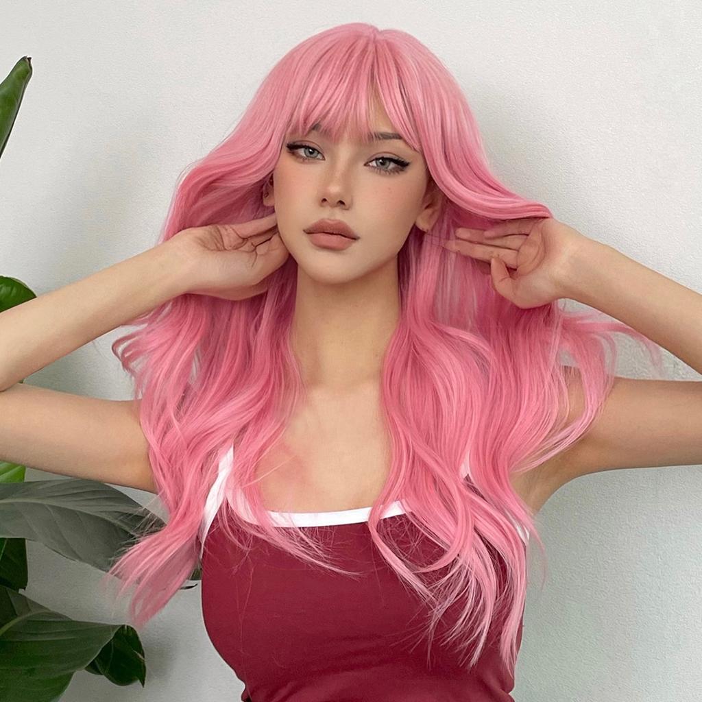 Light Pink Long Wavy Cosplay Synthetic Hair Wigs with Bangs for White Women Afro Lolita Water Wave Halloween Heat Reisitant Wig
