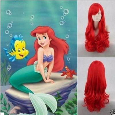 Peluca Cosplay: Peluca de Sirenita: Set de peluca larga rizada roja de la Princesa Ariel Estilo Anime
