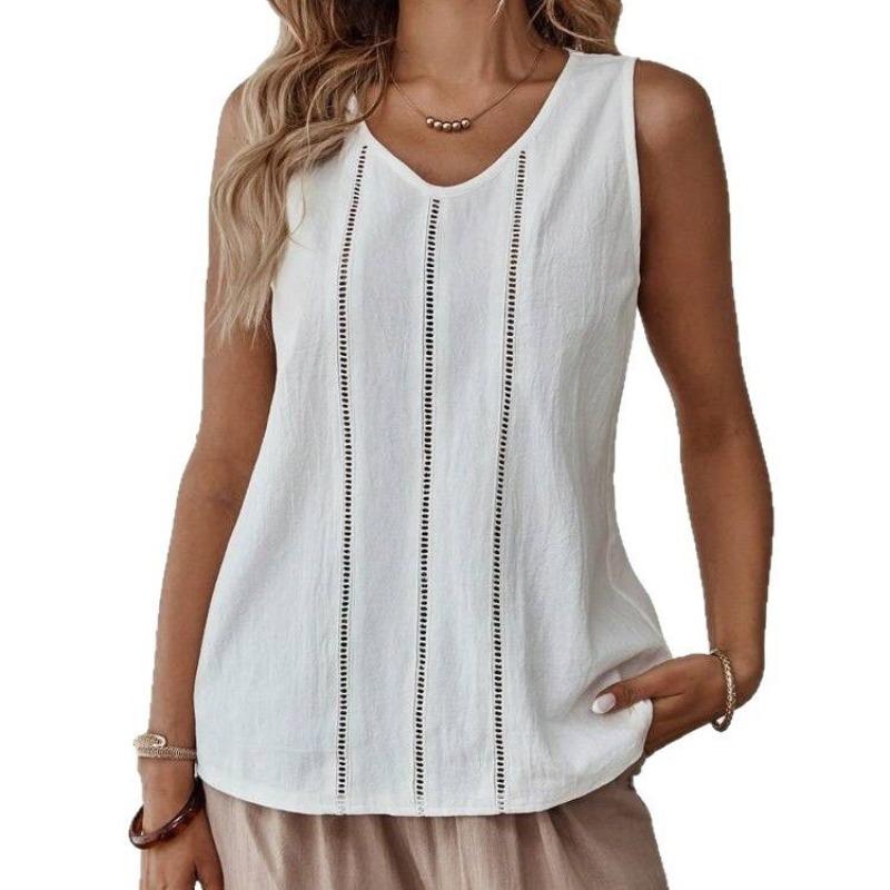 Bluză de vară largă cu decupaje pentru femei, culoare solidă, gât rotund, cămăși casual, modă pentru doamne, topuri tip maieu elegante, dulci, cu dantelă, vestă simplă de birou