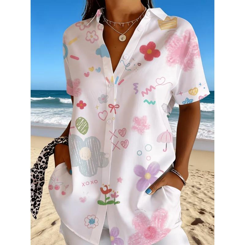 Women's Cute Doodle Floral Print Button Down Shirt, Casual Collared Tops for Spring Summer Daily Vacation Wear