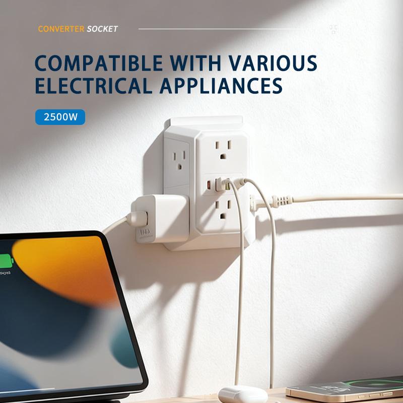 US Multi Socket Wall Socket with 6 AC Outlets 4 USB Port(2 Type C), Universal Plug Power Strip Network Filter Fast Charging