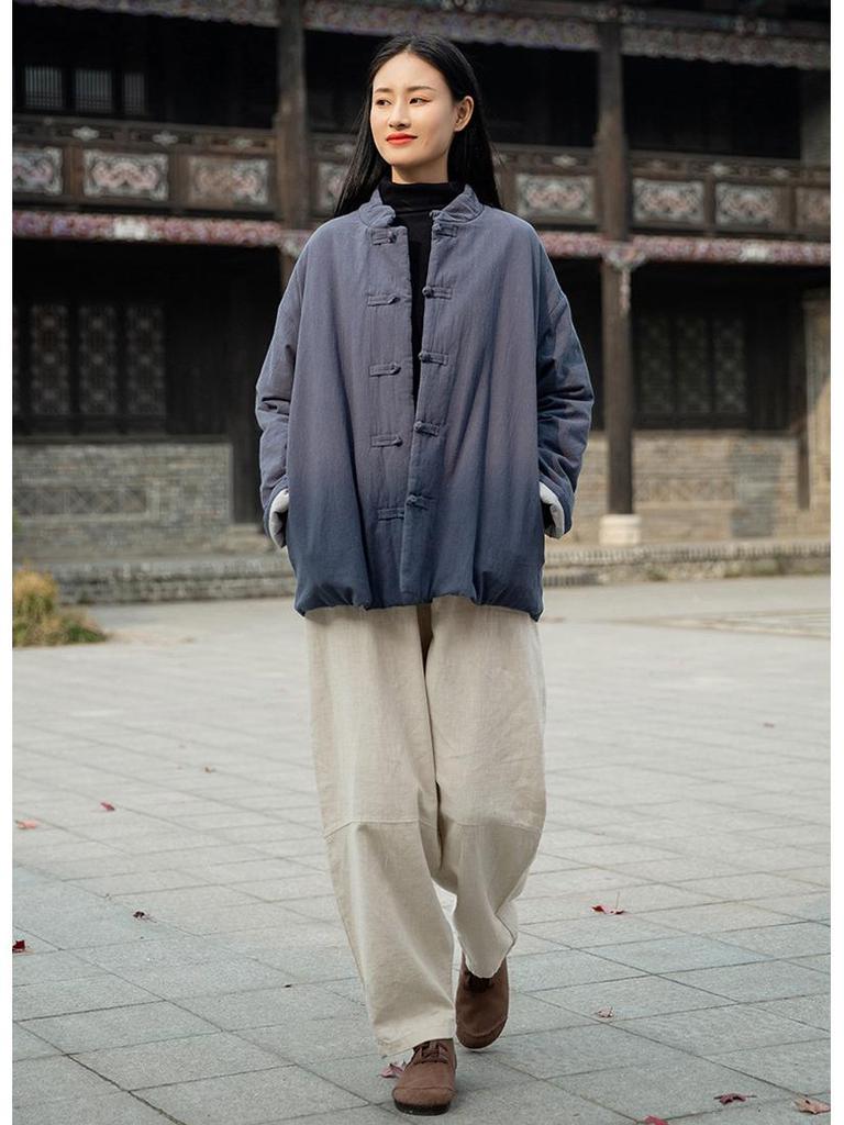Winter Retro Chinese Cotton-Linen Women’s Coat - Solid Color, Stand Collar, Frog Button, Thickened Warm Jacket