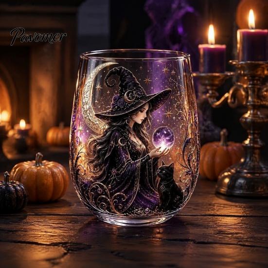 Regalo Stile Fantasy per Amici Tazza in Vetro Strega Magica, Bicchiere Trasparente Tema Retro Halloween, Vetro con Stampa Motivo Unico Decorazione Gotica di Nicchia