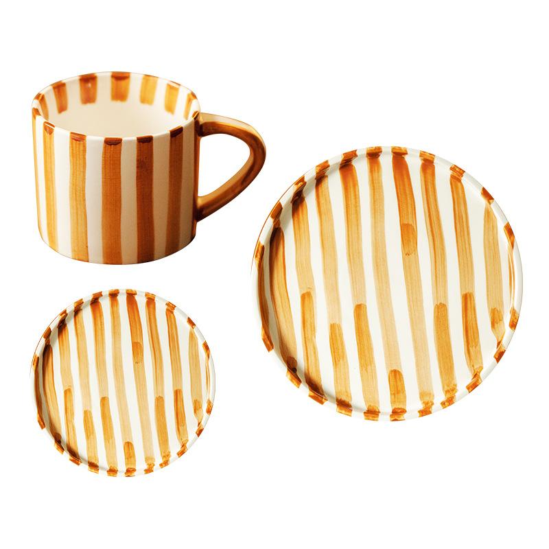 Hand Painted Japanese Household Ceramic Mug Retro Striped Medieval Coffee Cup Breakfast Cup Afternoon Tea Cup Couple Cup