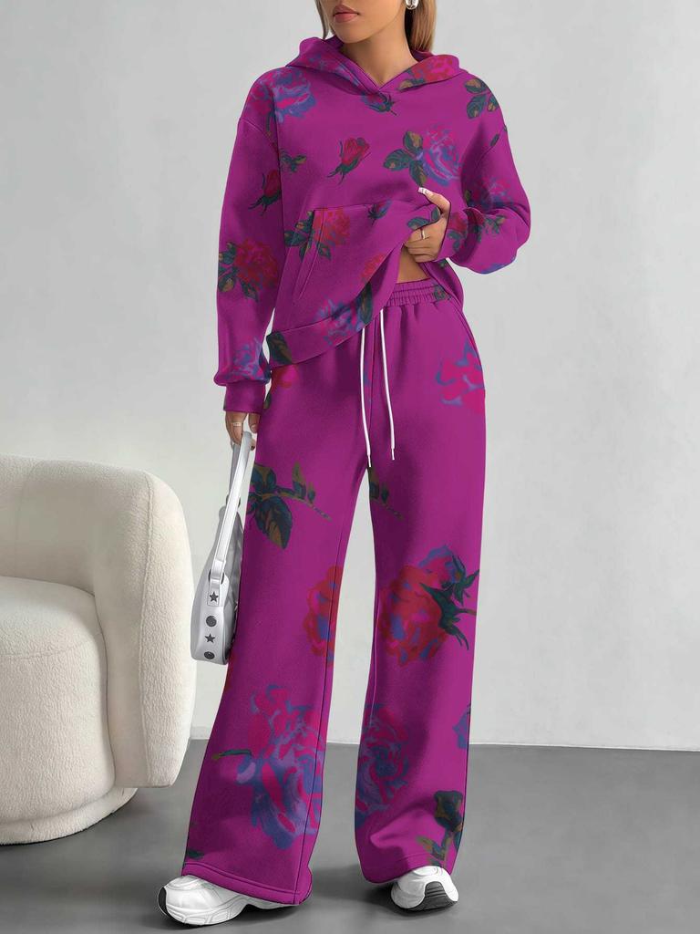 European And American Autumn And Winter Casual Long-Sleeved Retro Pattern Set Women'S Hooded Sweater Trousers Two-Piece Set