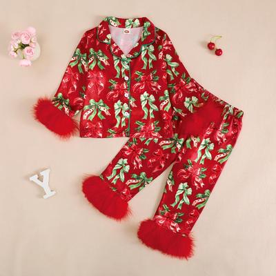 Girls' Feather Print Pajama Set with Bow Collar