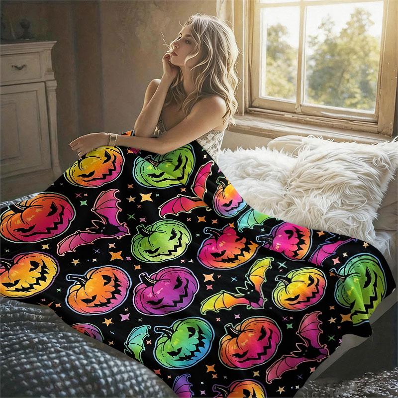 Halloween Pumpkin Bat Flannel Blanket Warm Soft Halloween Christmas Decorative Couch Warm Cozy All-Season Gift