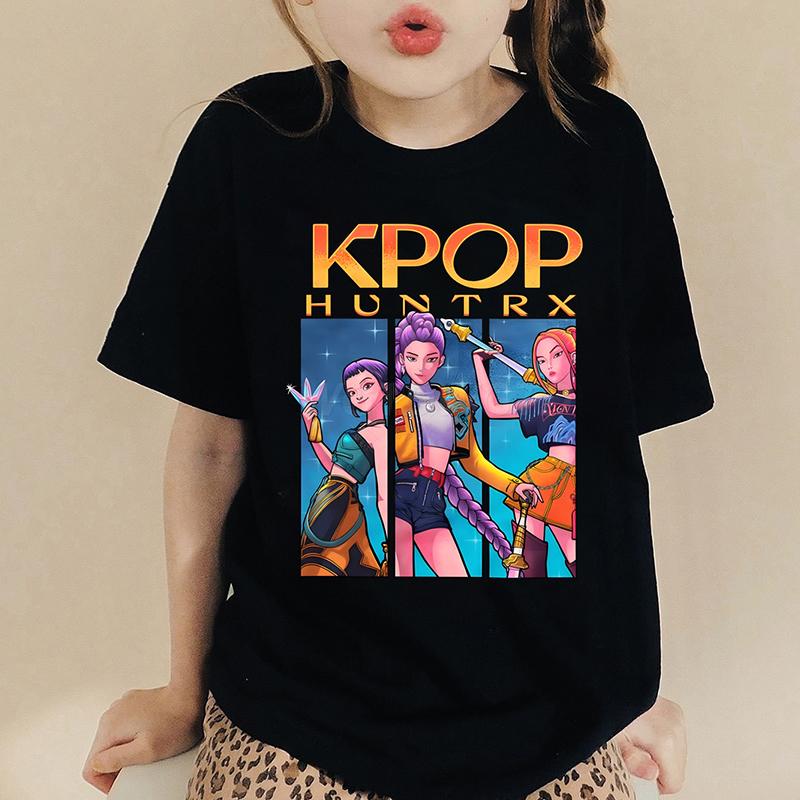 Аниме KPop Охотники на демонов Huntr_x Футболки Детские Мальчики Девочки Летние Повседневные С коротким рукавом Топы Мультяшные KPop Охотники на демонов Футболка 110