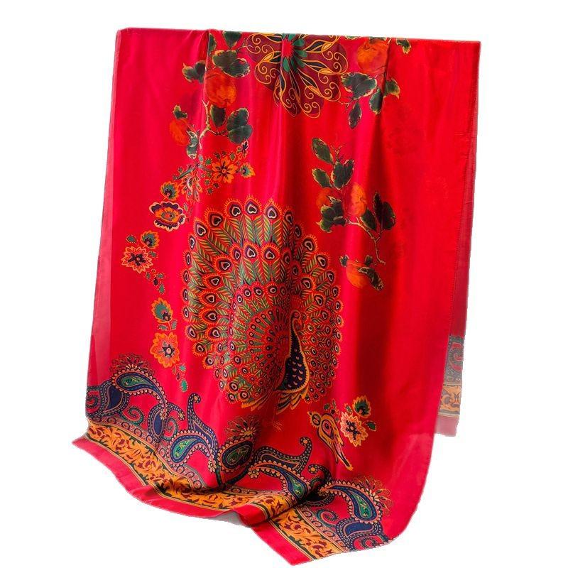Spring And Summer Thin Peacock Simulation Silk Brocade Fashion Silk Scarf Long Scarf Silky Print Shawl Versatile Headscarf Scarf