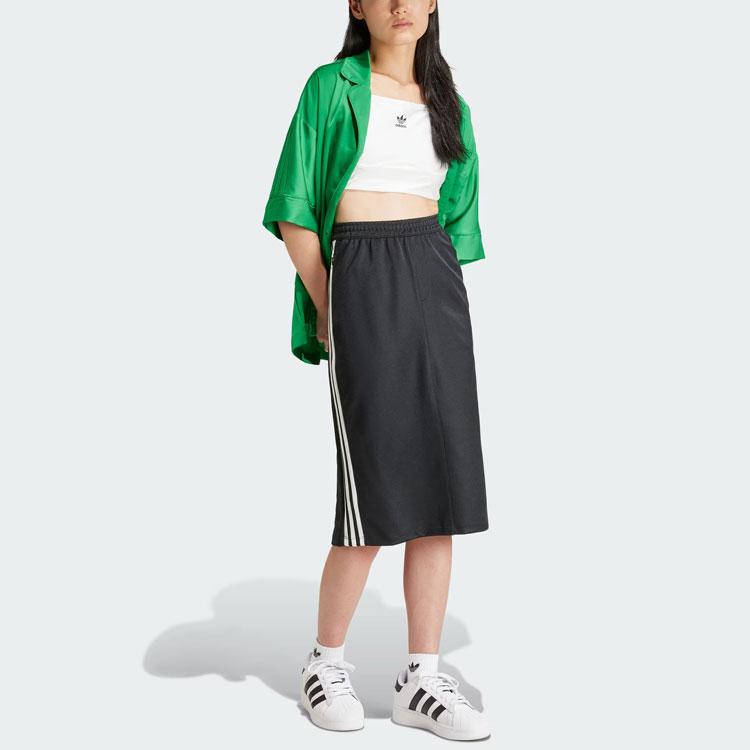 Adidas Originals 3-Stripes Color-Block Elastic Waist Sporty Casual Long Skirt Women Bottoms Black IR6101