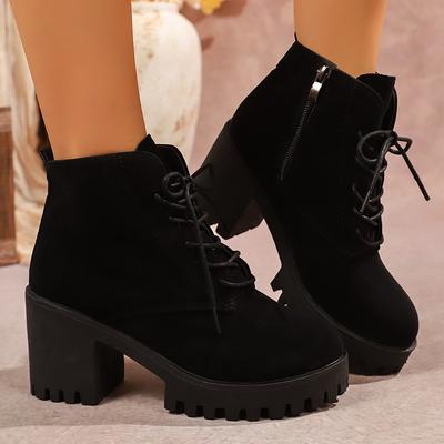 Modische Stiefeletten mit klobigem Absatz für Damen 2025 Herbst Winter Schwarz Plateau Stiefeletten Frau Reißverschluss Schnürung Hohe Absätze Kurze Stiefel