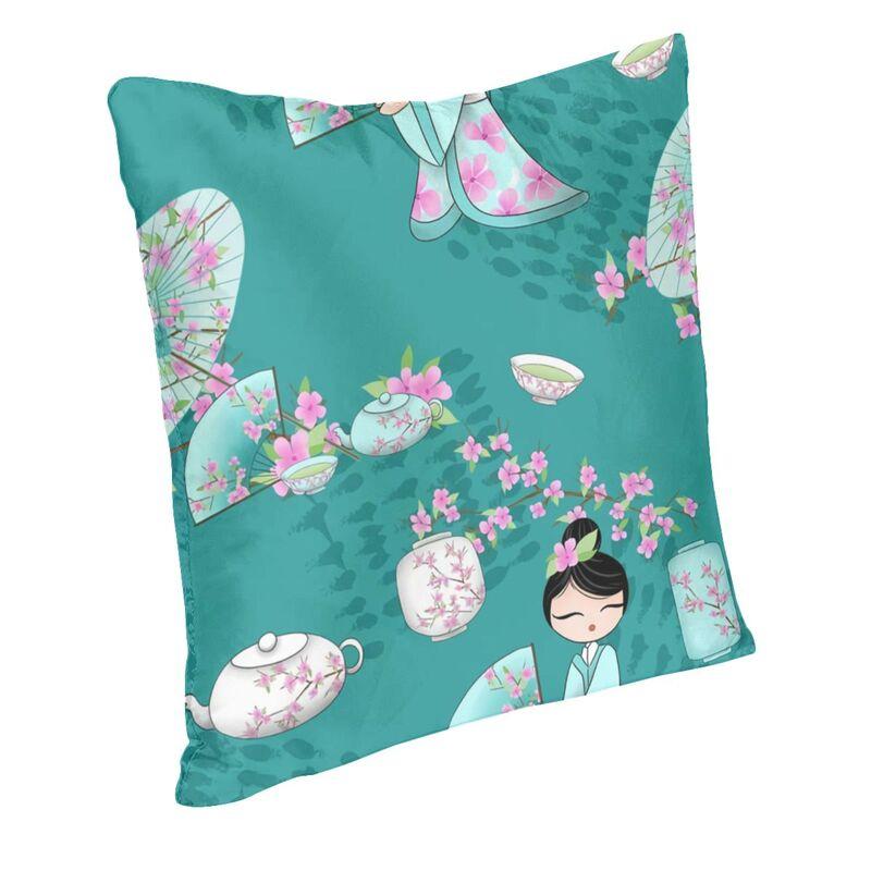 Custom Japanese Girl Sakura Kokeshi Doll Square Throw Pillow Cover Home Decorative 3D Double Side Printing Cushion Cover Room
