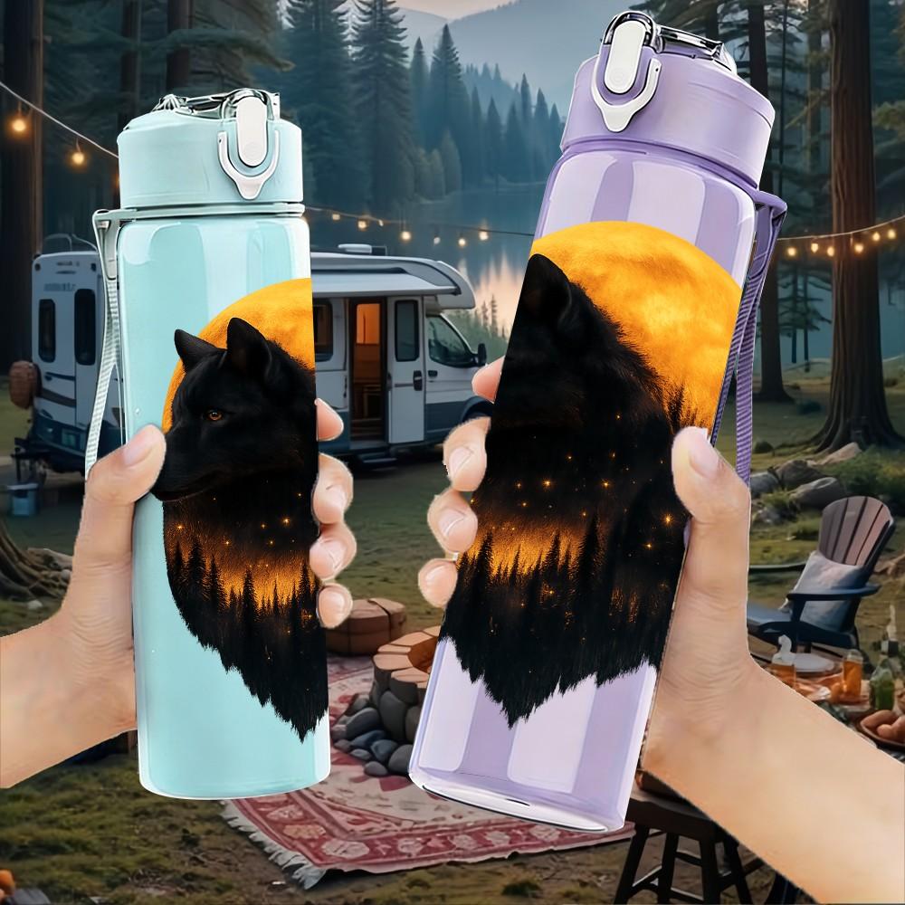 1PC Wolf Moon Dark Portrait 750ml Color Plastic Sports Water Bottle Leakproof Flip Straw Lid Suitable for Sports Office Home Use