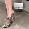 New pointed head shallow mouth rhinestone patent leather silver high heels women's fine heel versatile professional word with bag head sandals summer