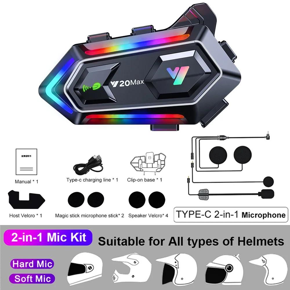 Y20 MAX Motocyklová přilba Bluetooth headset Intercom s mícháním V5.3 IPX6 Voděodolný RGB barevný světelný efekt 1000mAh baterie