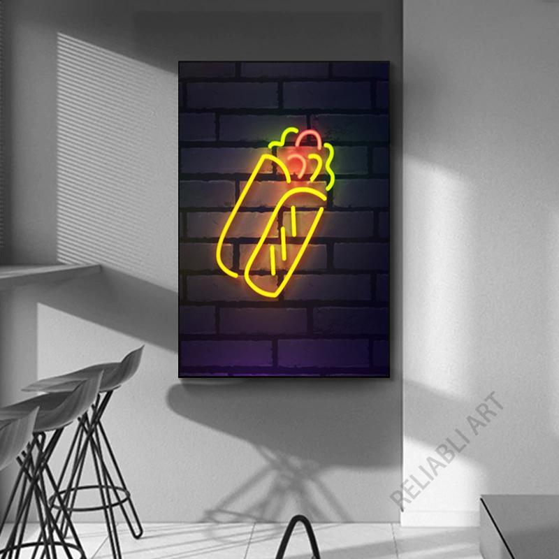 

Красочные неоновые холсты для быстрого питания, картина с картофелем фри, напитки, пицца, гамбургеры, значки, уличные художественные постеры для декора стен столовой 21x30cm No Frame