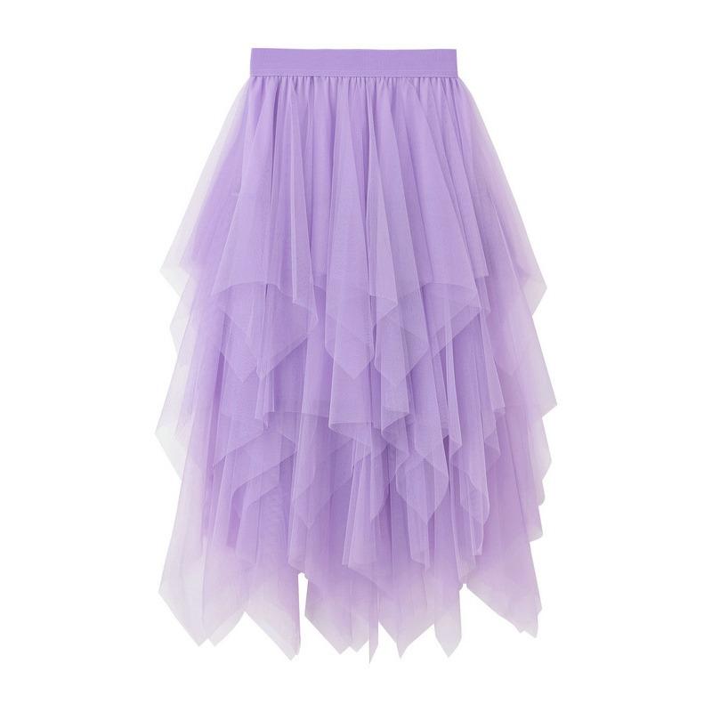 Damen Frühling Asymmetrischer Mesh Midi Rock - Hohe Taille Transparente Einsätze Schlankmachender Rock mit Fließendem Lagen-Design