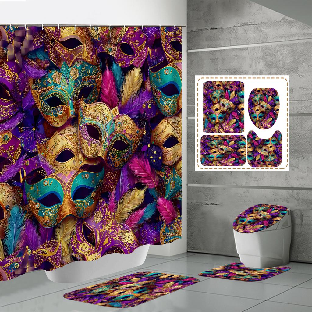 4 STÜCKE Duschvorhangsets Mit Duschvorhang Und Teppichen Toilettendeckelteppich U-Form Matte Und Badematte Badezimmerset Mit 12 Haken