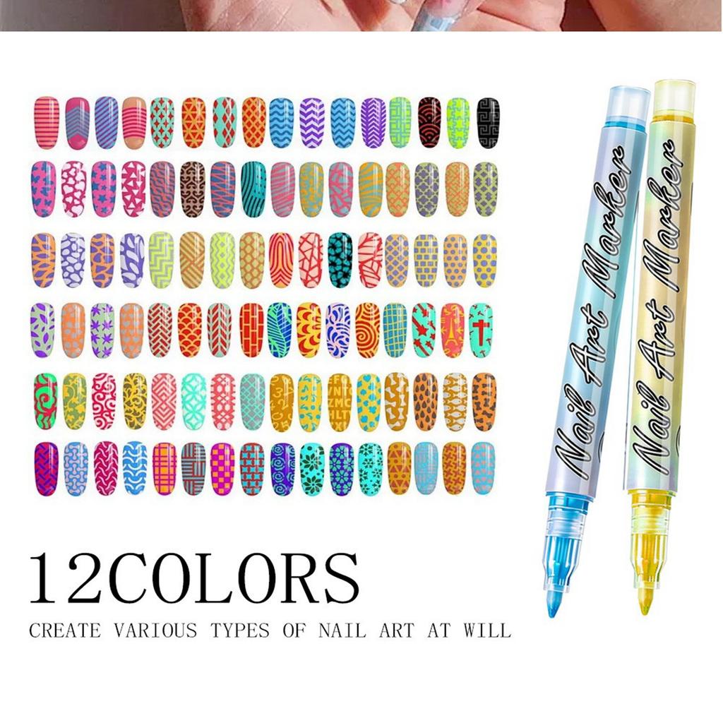 Nail Art Marker Set 12 Pieces Water-Based Quick-Dry Nail Polish Pens Fine Tip Nail Drawing Tools for Detailed Nail Designs and Decorations