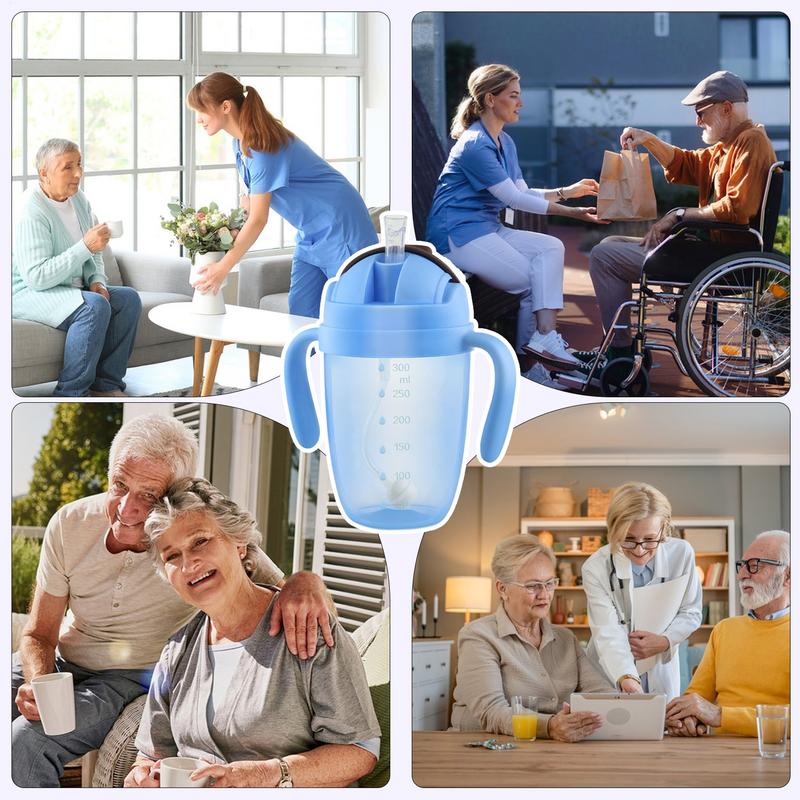 Trinkflasche mit Strohhalm, 300 ml, Dysphagiebecher mit Deckel für Senioren, auslaufsicherer Trinkbecher mit Strohhalm und Griff, Dysphagieflasche für Senioren
