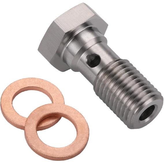 M10x1.0 Metric Stainless Steel Single Banjo Bolt Brake Fitting Adapter 20mm Long with Copper Washers