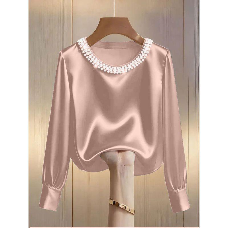 2026 Independent Site Wish Amazon Spring and Summer French Style High-End Pearl Round Neck Satin Shirt Top for Women Apricot S