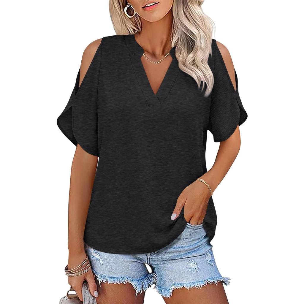 Womens Cold Shoulder V Neck T Shirt Short Sleeve Casual Loose Fit Top Summer Lightweight Blouse