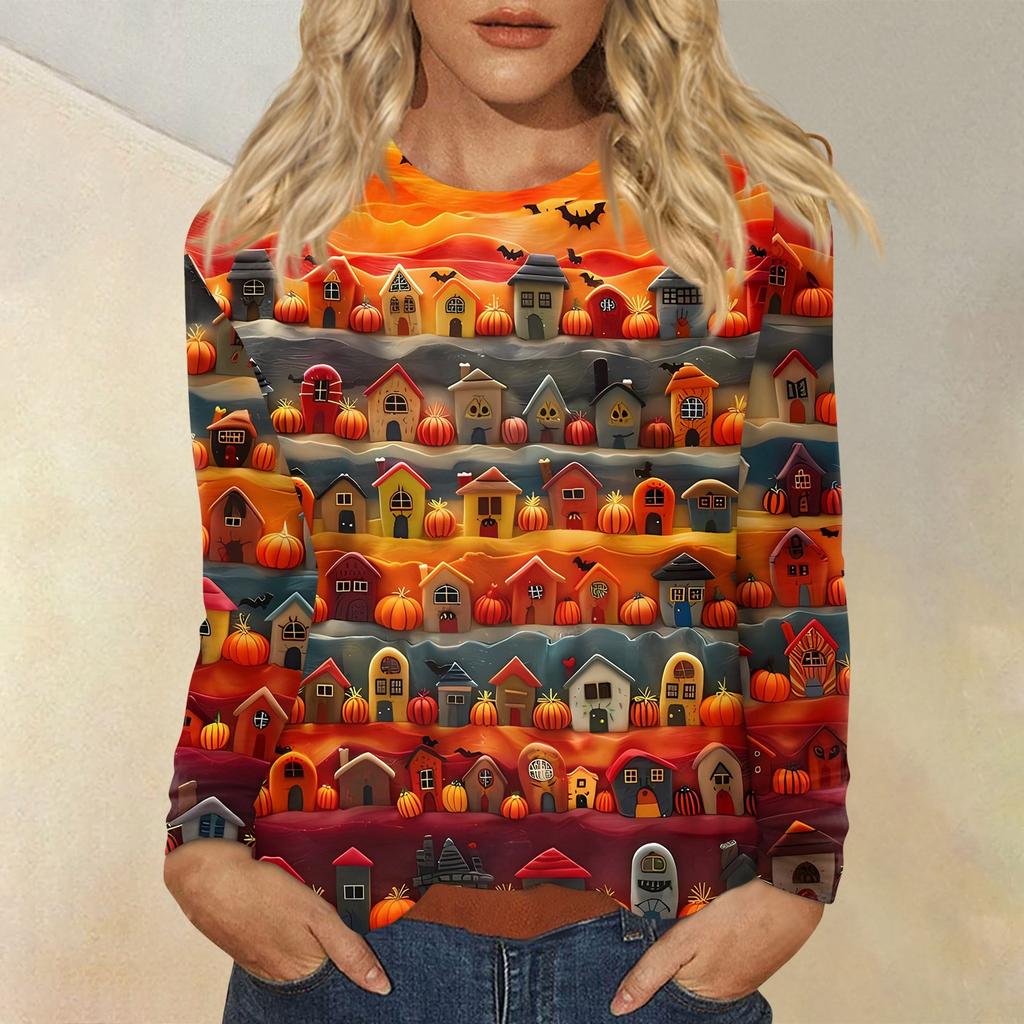Women's Fashion Casual Halloween Printed Round Neck Long Sleeve Pullover Top