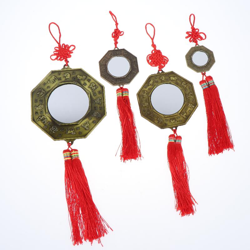Chinese Feng Shui Yin Yang Bagua Mirror with Red Tassel Zodiac Carvings Housewarming Gift for Good Fortune Luck