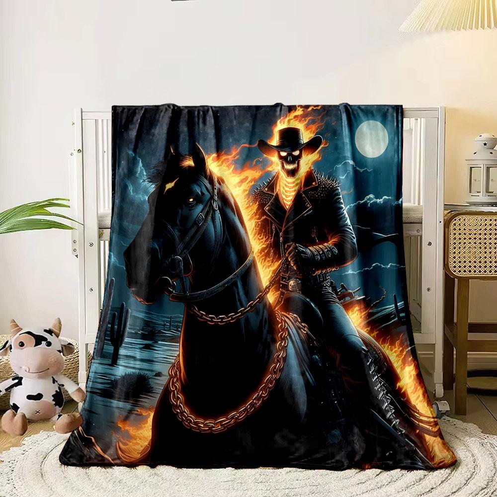 Fiery Skeleton Rider At Night Print Blanket Soft and Cozy Perfect for the Living Room Bed Sofa or a Nap,gift