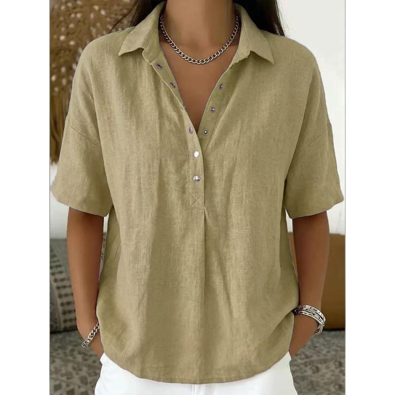 IHUASU Women's Fashion Casual Solid Color Print 1/2 Sleeves POLO Neck Blouses & Shirts