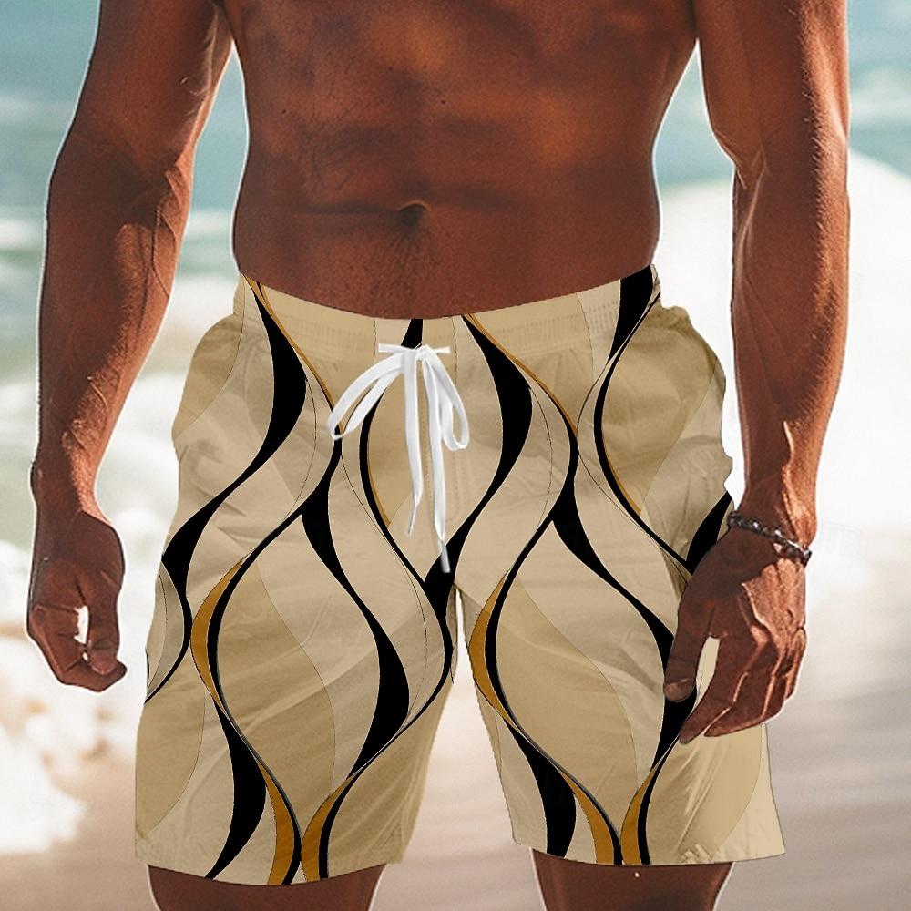 Men's Geometric Line Swim Trunks Swim Shorts Board Shorts Mid Waist Streetwear Hawaiian Vacation Drawstring Mesh Lining Elastic Waist