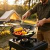 Outdoor Grill Pan for Camp Stove Meals, 12Inch Perforated Iron Pan with Folding Wooden Handle and Nonstick Surfaces