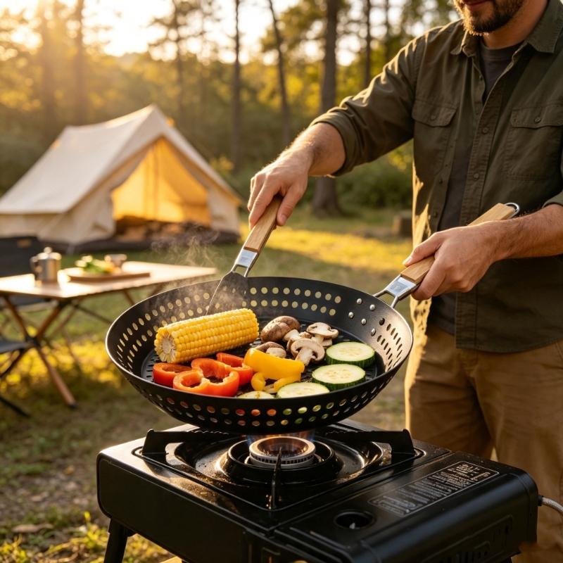 Outdoor Grill Pan for Camp Stove Meals, 12Inch Perforated Iron Pan with Folding Wooden Handle and Nonstick Surfaces
