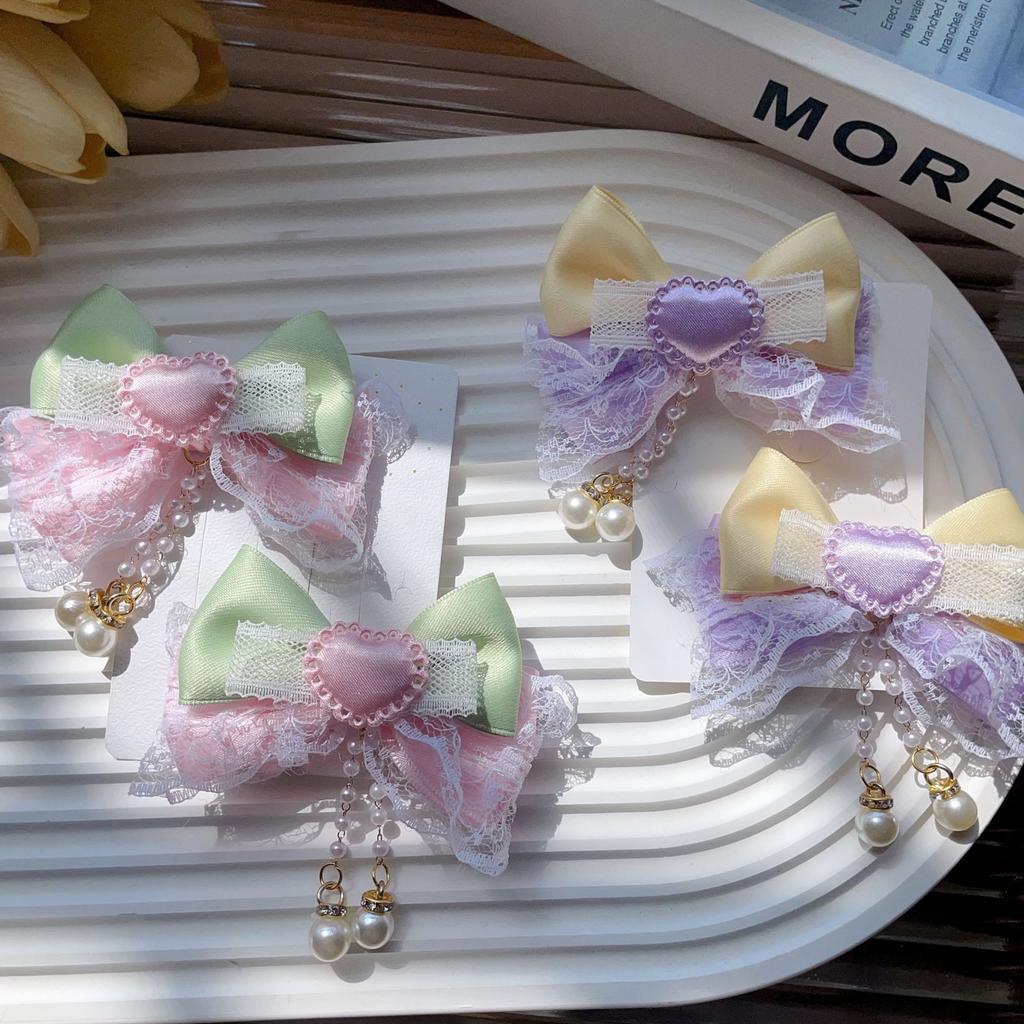 2PCS fabric girl bow handmade hair clip cute double ponytail children's pair clip edge clip dopamine headband