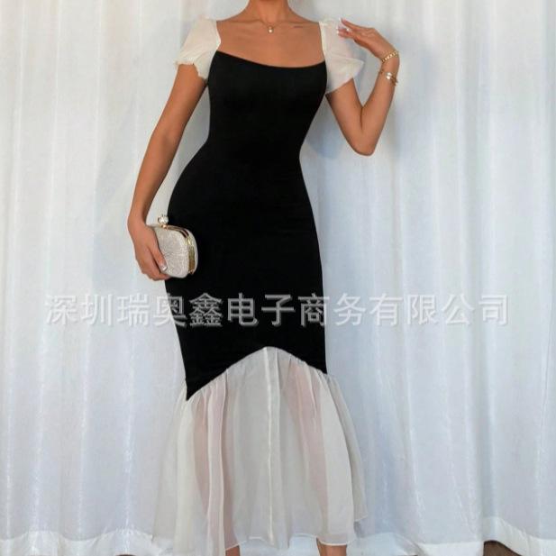 Spring and Summer New Splicing Square Neck Black French Retro Mesh Slim and Thin Medium and Long Fishtail Dress Dress