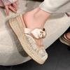 Fashion Sequin Cloth Wrapped Slippers Summer New Round Toe Shallow Mouth Bow Straw Sole Platform Non-Slip Kitten Heels