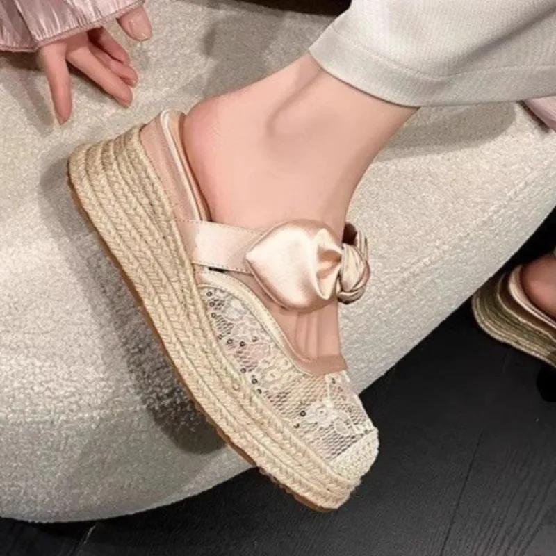 Fashion Sequin Cloth Wrapped Slippers Summer New Round Toe Shallow Mouth Bow Straw Sole Platform Non-Slip Kitten Heels