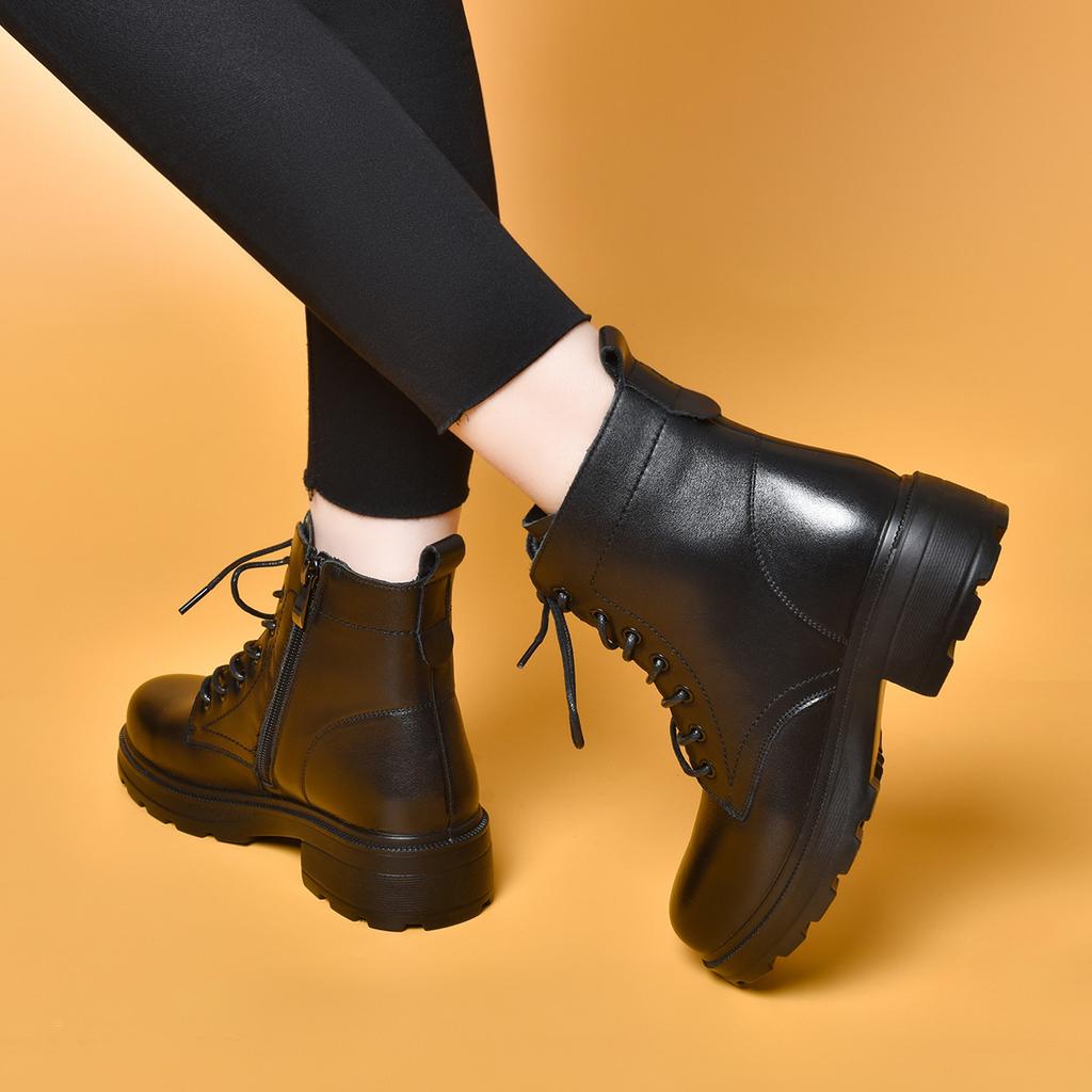 Round head Martin boots women's lace-up short boots basic first-layer cowhide women's cotton boots leather boots