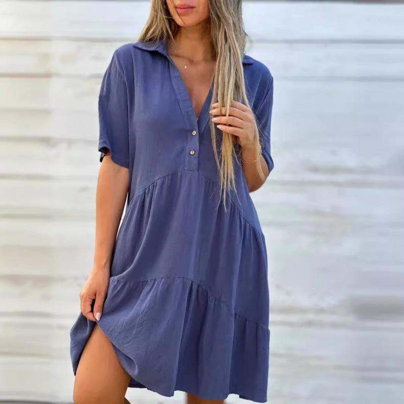 Vestito estivo da donna, ampio, tinta unita, con risvolto, casual, a maniche corte