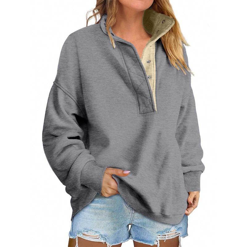 Women European Style Casual Loose Button V Neck Long Sleeve Pullover Sweatshirt
