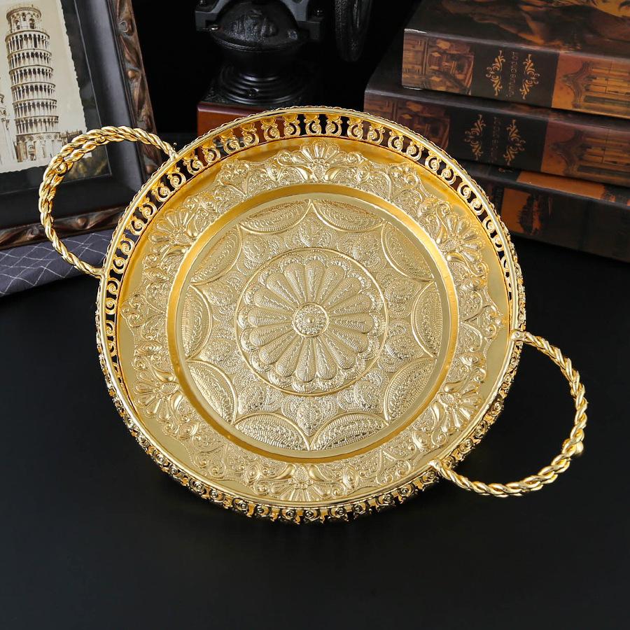 Ny europeisk lätt lyxig ihålig fruktskål i legering, rund stor fruktskål, förvaring av nötter och snacks i vardagsrummet