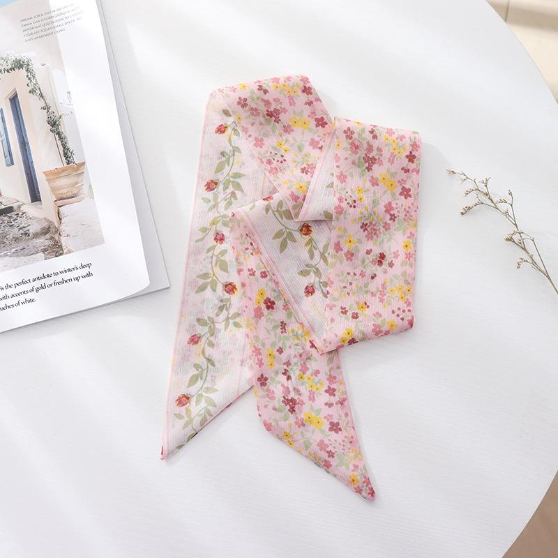 Summer French Retro Pink Tied Hair Small Floral Long Silk Scarf Headband Braided Hair Chiffon Thin Ribbon Scarf
