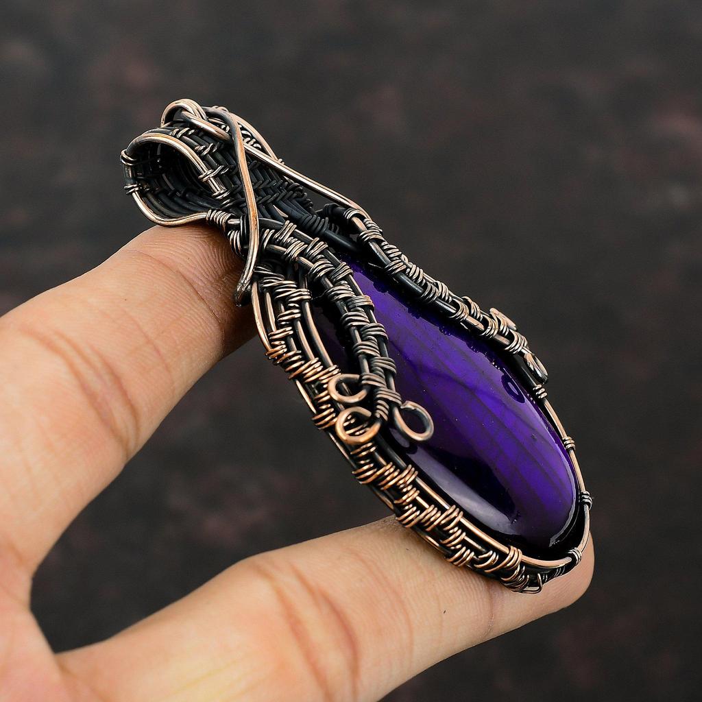 Lila Feuer Labradorit Anhänger Kupferdraht umwickelter Anhänger Handgefertigter Kupferschmuck Original Edelsteinanhänger Drahtwickelschmuck Geschenk für Mama