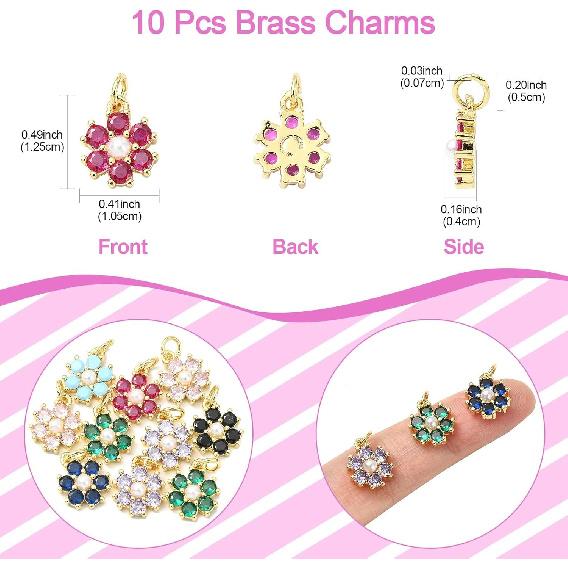 Stiesy 10 Pcs Mix Random 18K Gold Plated Mini Flower Shape Charms Brass Micro Pave Colorful Cubic Zirconia CZ Stone Dangle Charms with Pearl for
